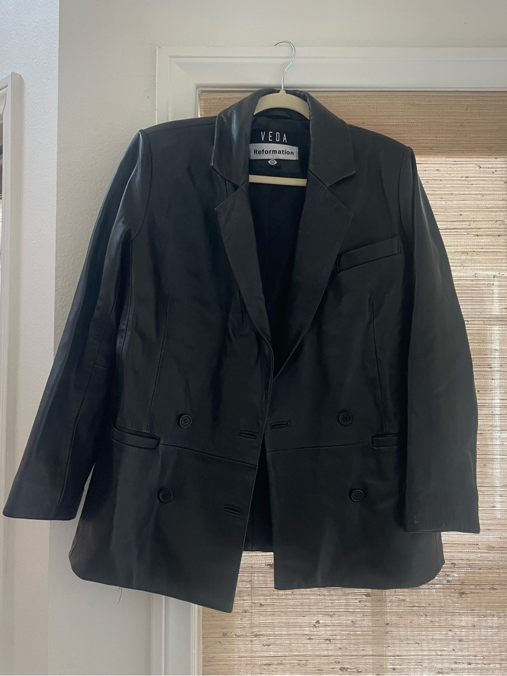Reformation Black Leather Double-Breasted Blazer